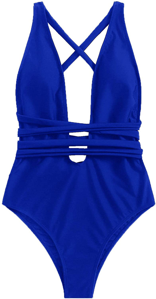 Sweatyrocks Women'S Sexy Basic Criss Cross Tie Knot Front Deep V Open Back One Piece Swimwear Apparel & Accessories > Clothing > Swimwear Kylie Max   