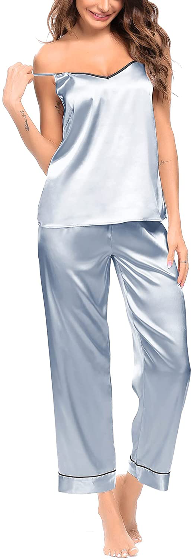 SWOMOG Womens Silk Satin Pajamas Set Two-Piece Pj Sets Cami Top and Capris Pants Sleepwear Apparel & Accessories > Clothing > Sleepwear & Loungewear Kylie Max   