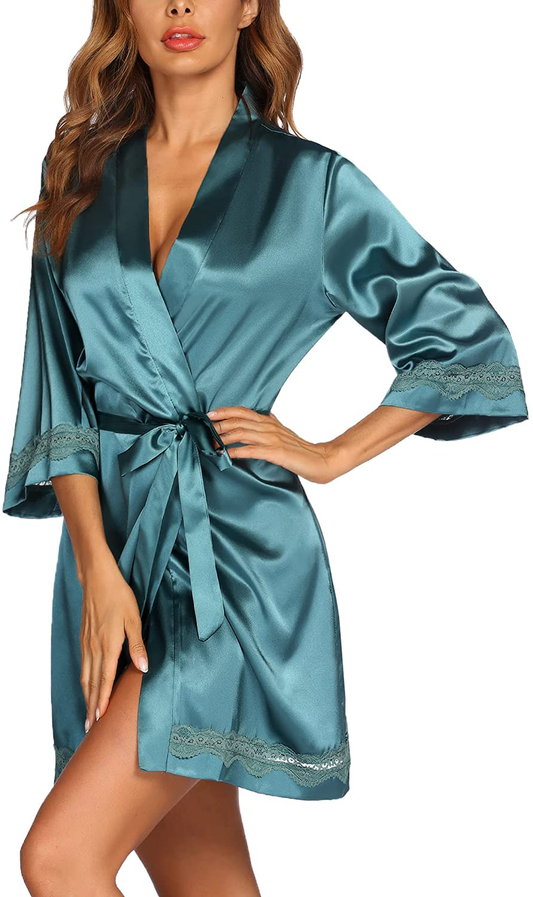 Ekouaer Women'S Lace-Trim Kimono Style Short Satin Robe Sleepwear with 3/4 Sleeve Apparel & Accessories > Clothing > Sleepwear & Loungewear > Robes Kylie Max   