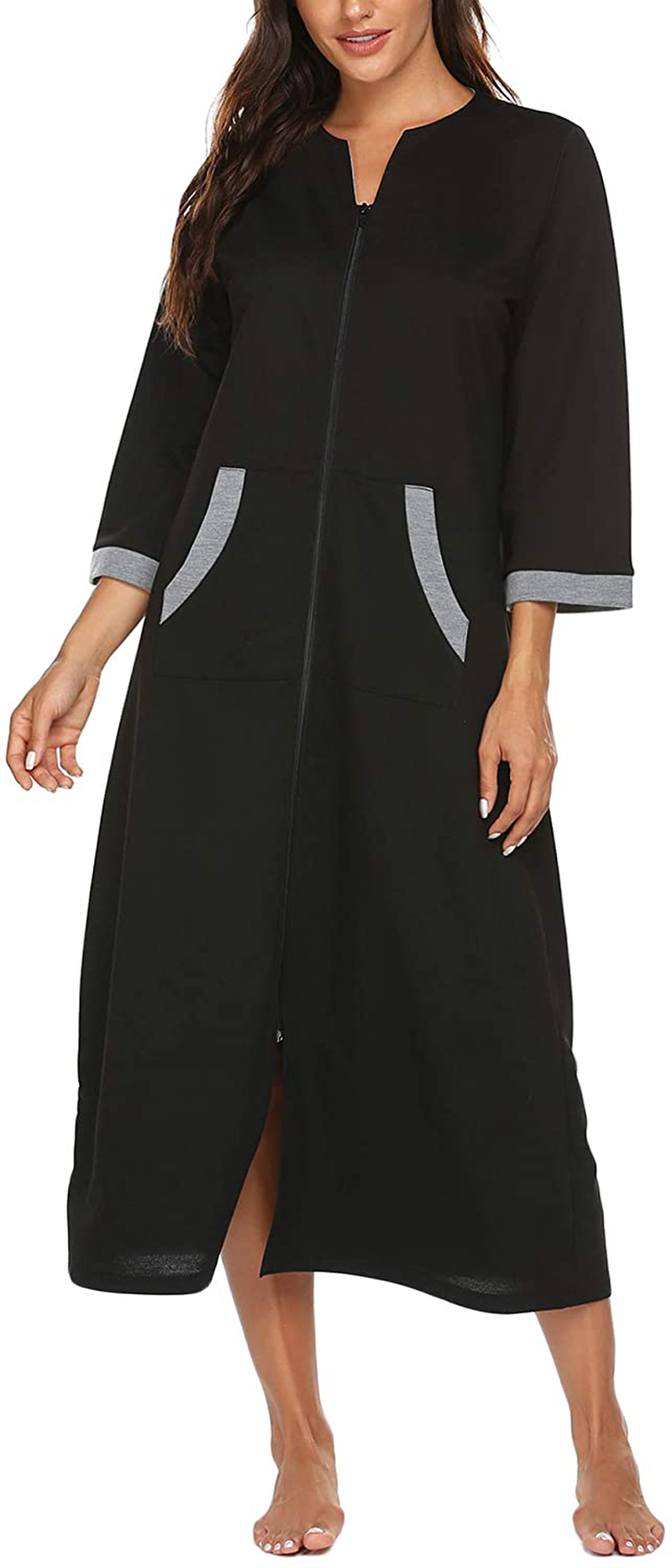 Ekouaer Women Zipper Robe 3/4 Sleeves Loungewear Full Length Sleepwear Pockets Housecoat Long Soft Bathrobe Apparel & Accessories > Clothing > Sleepwear & Loungewear > Robes Ekouaer   
