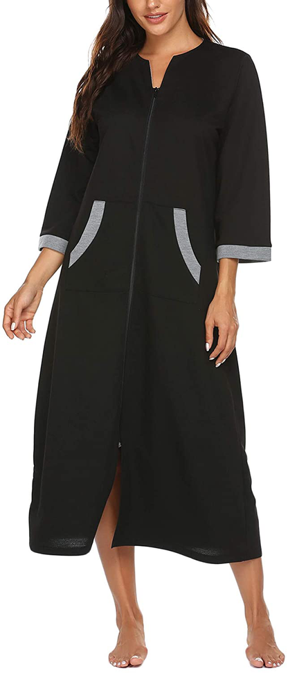 Ekouaer Women Zipper Robe 3/4 Sleeves Loungewear Full Length Sleepwear Pockets Housecoat Long Soft Bathrobe Apparel & Accessories > Clothing > Sleepwear & Loungewear > Robes Ekouaer   