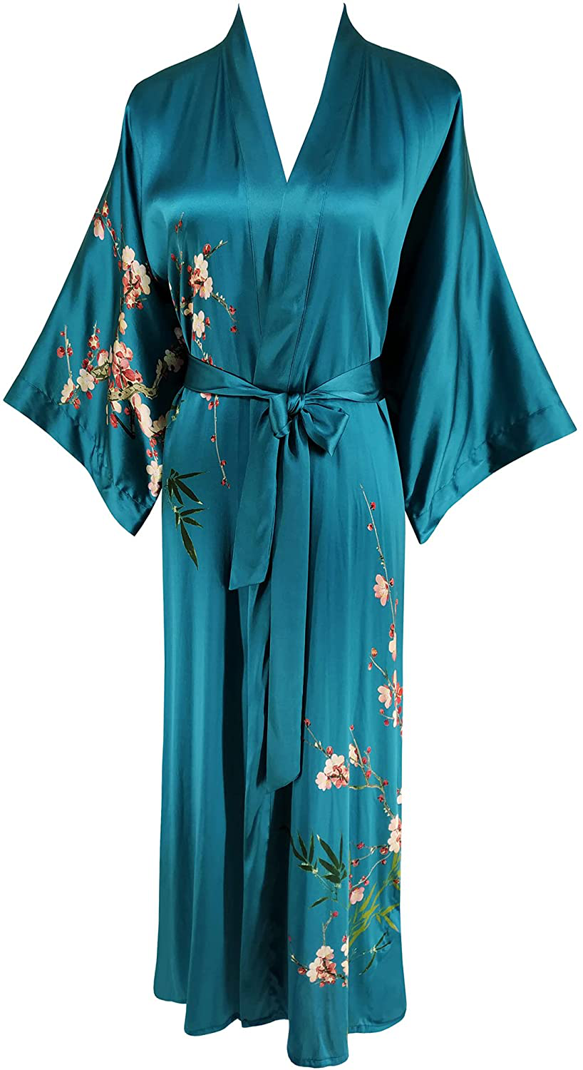 Ledamon Women'S 100% Silk Kimono Long Robe - Classic Colors and Prints Apparel & Accessories > Clothing > Sleepwear & Loungewear > Robes Ledamon Dark Green-a  