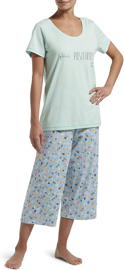 Hue Printed Knit Short Sleeve Tee and Capri 2 Piece Pajama Set Sleepwear Apparel & Accessories > Clothing > Sleepwear & Loungewear > Pajamas HUE Green Mailieu - Plant Positivity Medium 