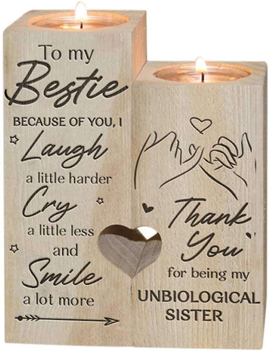 LEFUYAN to My Bestie Candle Holder -Because of You I Laugh Smile More Cry Less Thank You for Being My Unbiological Sister Women Teen Girl Friend Personalized Custom Friendship Christmas Birthday Gift Arts & Entertainment > Party & Celebration > Gift Giving LEFUYAN To My Bestie  
