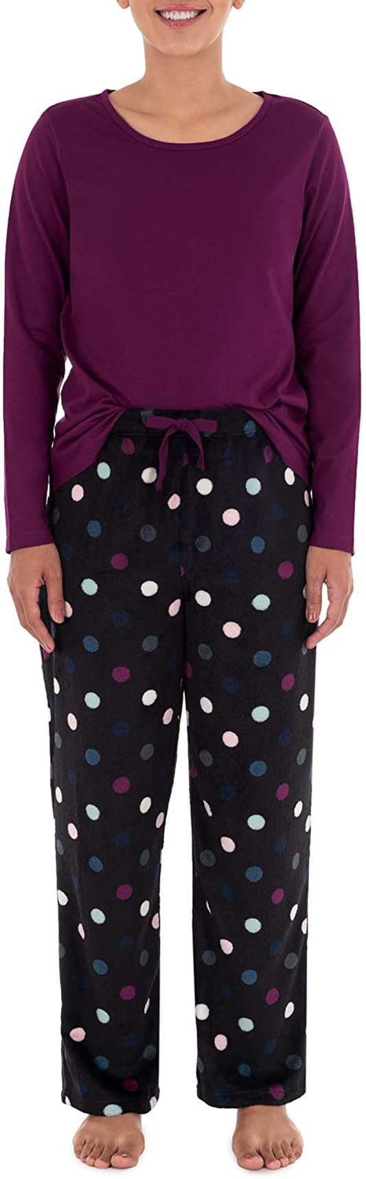 Fruit of the Loom Women's Sueded Jersey Crew Top and Fleece Pant Sleep Set Apparel & Accessories > Clothing > Sleepwear & Loungewear > Pajamas Fruit of the Loom Royal Berry/Multi Dots Large 