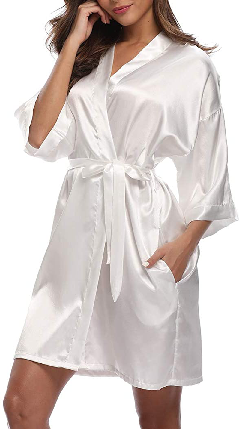 VOGMATE Women'S Floral Satin Short Robe for Bridesmaid Bride Silk Kimono Robe Dressing Gown for Wedding Party Apparel & Accessories > Clothing > Sleepwear & Loungewear > Robes VOGMATE Pure Color-white Large 