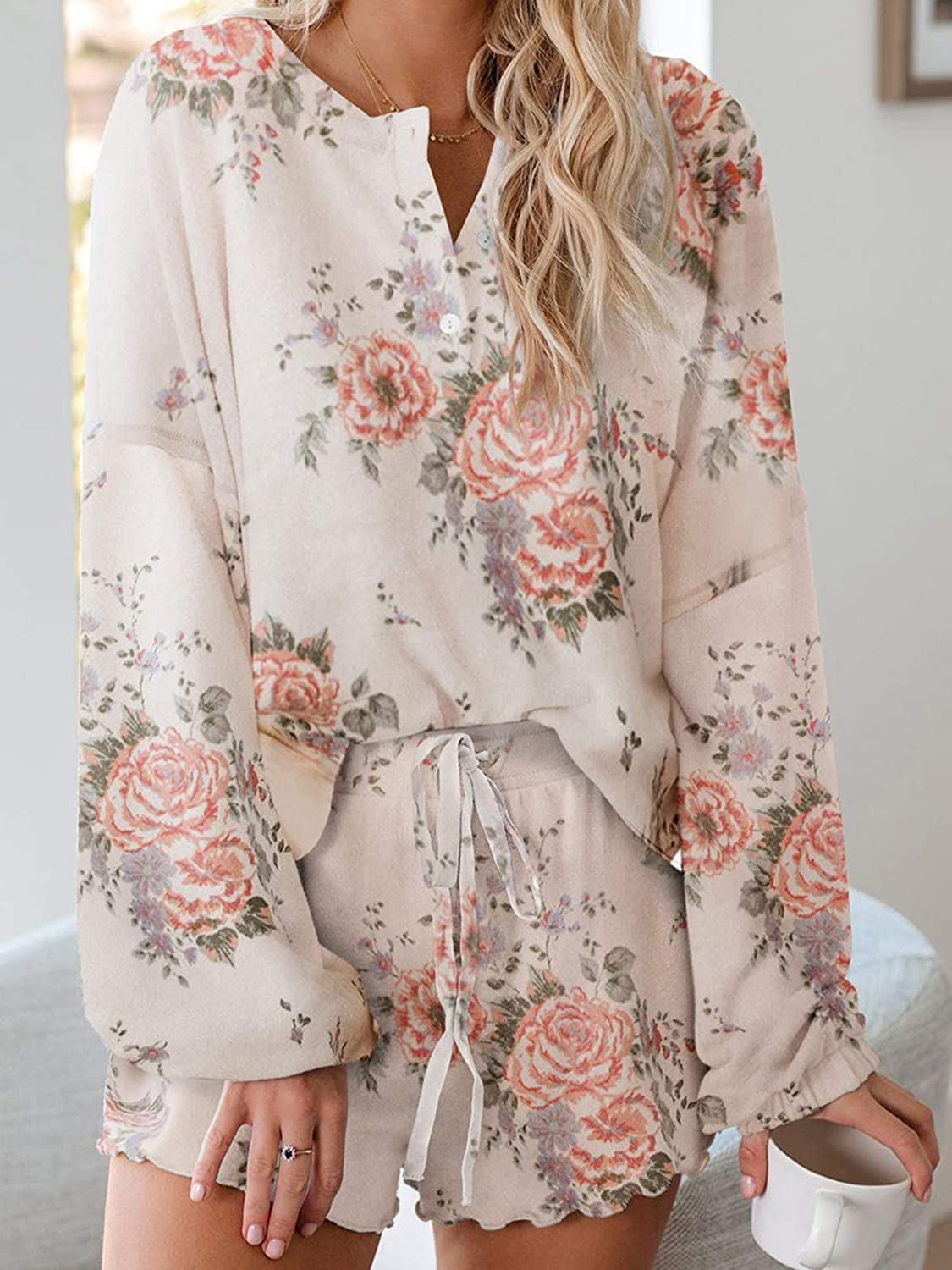 Century Star Women Pajamas Tie Dye Print Long Sleeve Shirt Elastic Drawstring Shorts 2 Piece Set Sleepwear Loungewear Apparel & Accessories > Clothing > Sleepwear & Loungewear > Pajamas Kylie Max   