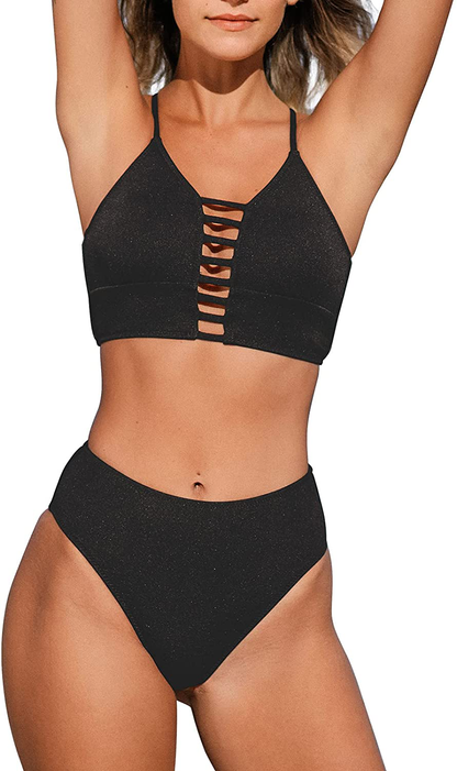 CUPSHE Women’s Bikini Swimsuit Floral Print Lace Up Multi Color Strappy Two Piece Bathing Suit Apparel & Accessories > Clothing > Swimwear KYLIE MAX Black XX-Large 