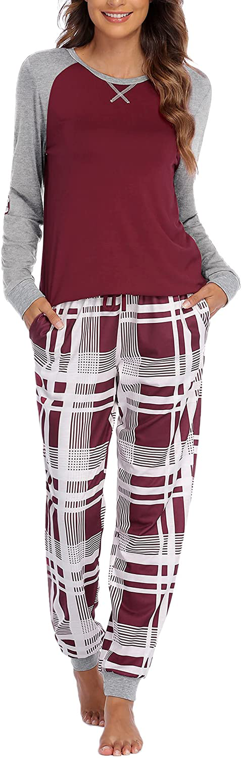 Ekouaer Women's Pajamas Sets Long Sleeve with Plaid Pants Soft Sleepwear O Neck 2 Piece Pjs Joggers Loung Set with Pockets Apparel & Accessories > Clothing > Sleepwear & Loungewear > Pajamas Ekouaer Style2-pat3 Small 