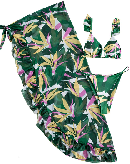 SOLY HUX Women's Wrap Triangle Bikini Bathing Suits with Mesh Beach Skirt 3 Piece Swimsuits Apparel & Accessories > Clothing > Swimwear KYLIE MAX Tropical Flora Medium 