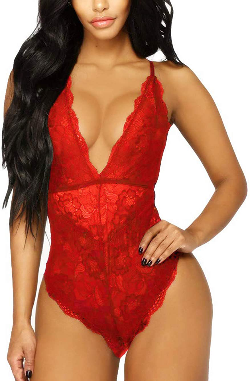 Kaei&Shi V-Neck See Through Lingerie Floral Lace Babydoll Sexy Lingerie for Women One Piece Bodysuit Apparel & Accessories > Clothing > Underwear & Socks > Lingerie Kaei&Shi Bright Red 2X Plus 