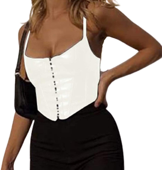 Women Corset Crop Top Sexy Spaghetti Strap PU Leather Bustier Push up Cami Tank Top Vintage Clubwear Apparel & Accessories > Clothing > Underwear & Socks > Lingerie N/ D White Medium 