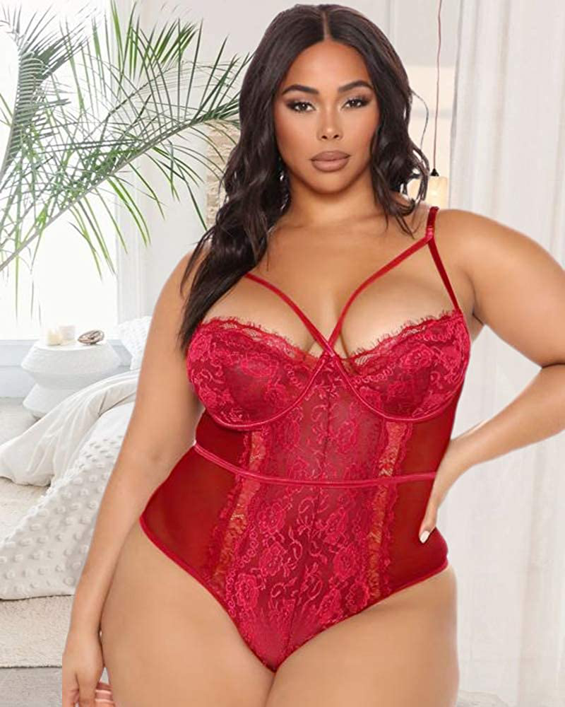 Plus Size Lingerie for Women Sexy Eyelash Lace Bodysuit Naughty Mesh One Piece Teddy Outfits Apparel & Accessories > Clothing > Underwear & Socks > Lingerie KYLIE MAX   