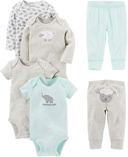 Simple Joys by Carter'S Unisex Toddlers and Babies' 6-Piece Neutral Bodysuits (Short and Long Sleeve) and Pants Set Apparel & Accessories > Clothing > Underwear & Socks > Lingerie Simple Joys by Carter's Grey/Mint Green, Lamb/Elephant 24 Months 