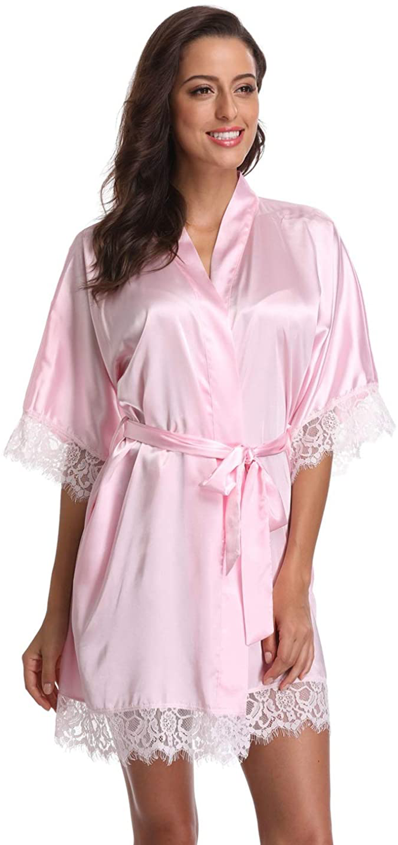 Original Kimono Women'S Lace-Trimmed Satin Short Kimono Robe Bathrobe Loungewear Apparel & Accessories > Clothing > Sleepwear & Loungewear > Robes Original Kimono   
