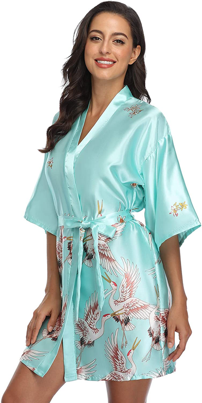 Original Kimono Women'S Floral Crane Kimono Robe Short Silky Sleepwear plus Size Satin Spa Party Dressing Gown Apparel & Accessories > Clothing > Sleepwear & Loungewear > Robes Original Kimono Mint Green X-Large 