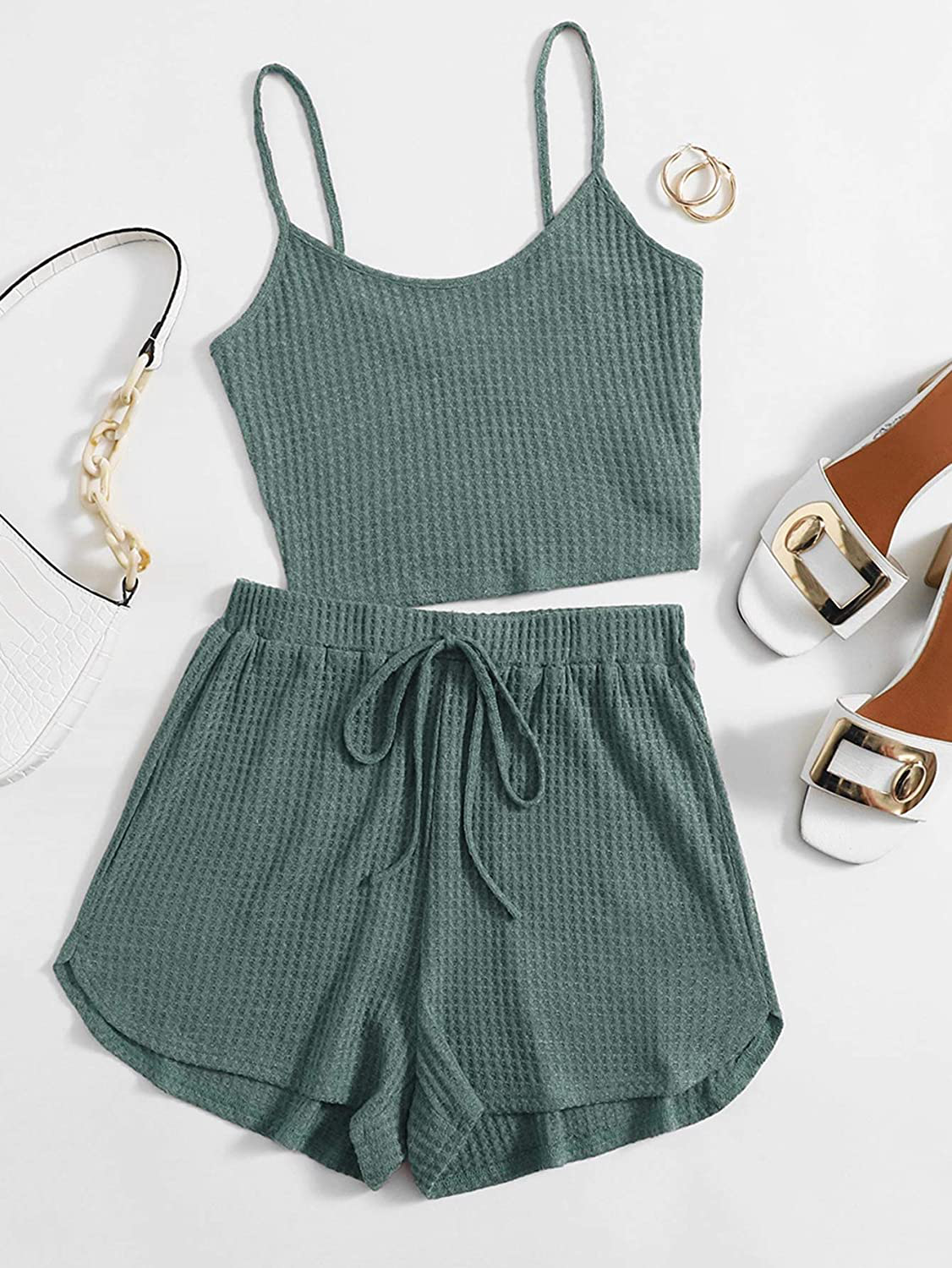 ROMWE Women'S 2 Piece Pajama Set Crop Cami Tops and Shorts Lounge Set Outfit Apparel & Accessories > Clothing > Sleepwear & Loungewear Kylie Max   
