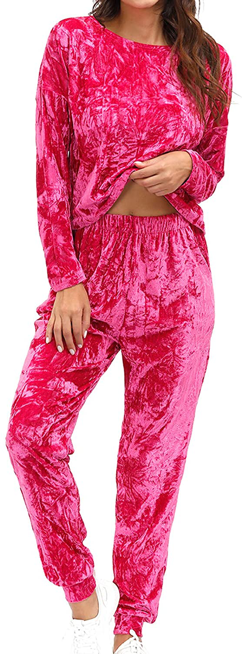 Velvet Lounge Set For Women - Wrinkle Solid Two Piece Loungewear Pajamas Tracksuit Sets Apparel & Accessories > Clothing > Sleepwear & Loungewear > Pajamas Lexiart Pink Large 