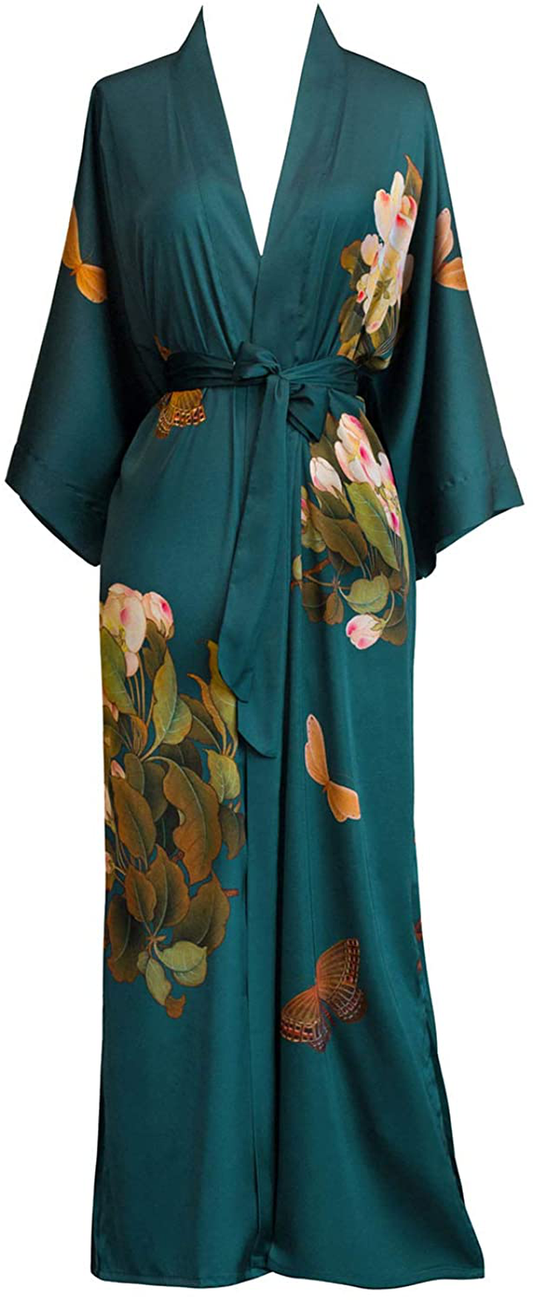 Women'S Charmeuse Kimono Robe Long - Watercolor Floral Apparel & Accessories > Clothing > Sleepwear & Loungewear > Robes OLDSHANGHAI Peony & Butterfly- Vintage Teal  