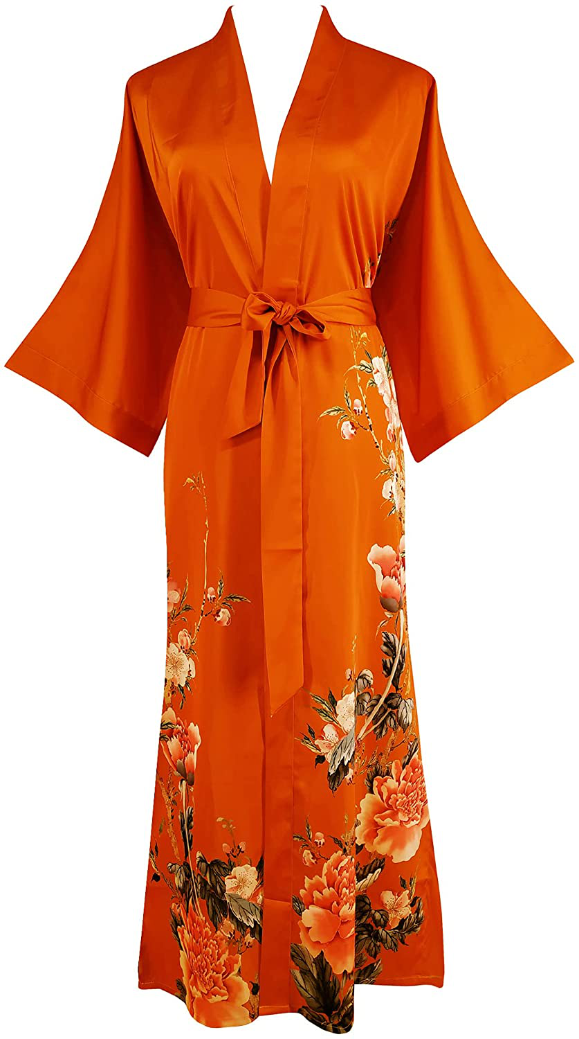 Ledamon Women'S Kimono Robe Long - Classic Pocket Floral Bathrobe Nightgown Apparel & Accessories > Clothing > Sleepwear & Loungewear > Robes Ledamon Dark Orange  