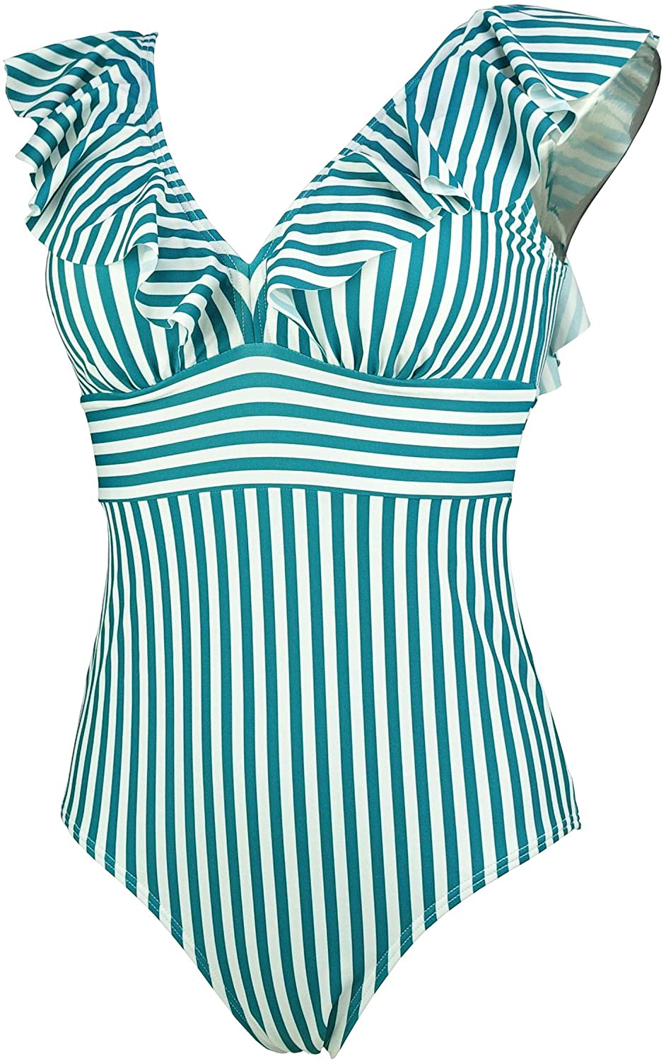 COCOSHIP Women'S One Piece Bather Deep V Neckline Bikini Striped Front Backless Swimsuit Flounce Ruffle Swimwear Apparel & Accessories > Clothing > Swimwear Kylie Max   