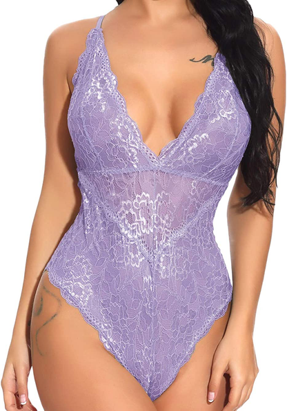 Kaei&Shi V-Neck See Through Lingerie Floral Lace Babydoll Sexy Lingerie for Women One Piece Bodysuit Apparel & Accessories > Clothing > Underwear & Socks > Lingerie Kaei&Shi Light Purple XX-Large 