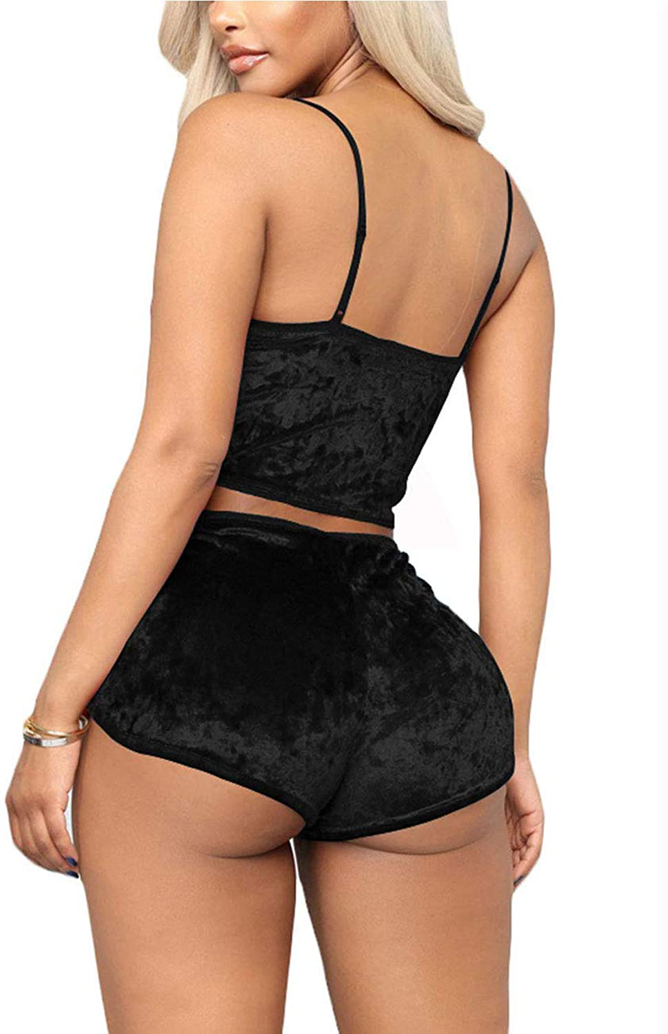 Springcmy Women'S Velvet 2PCS Outfits Spaghetti Strap Crop Top and Shorts Pajama Sets Pjs Lounge Wear Apparel & Accessories > Clothing > Sleepwear & Loungewear Kylie Max   