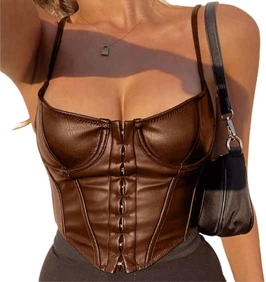 Women Corset Crop Top Sexy Spaghetti Strap PU Leather Bustier Push up Cami Tank Top Vintage Clubwear Apparel & Accessories > Clothing > Underwear & Socks > Lingerie N/ D A-brown Small 