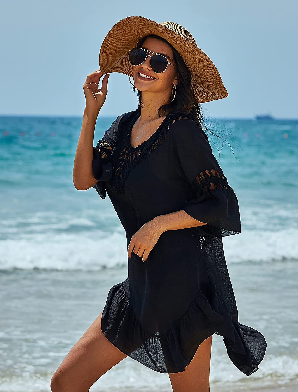 Ekouaer Swimsuit Cover up Women Swimwear Bathing Suit Dress Sexy Bikini Beach Crochet Beachwear Tunic Top Summer Apparel & Accessories > Clothing > Swimwear Kylie Max   