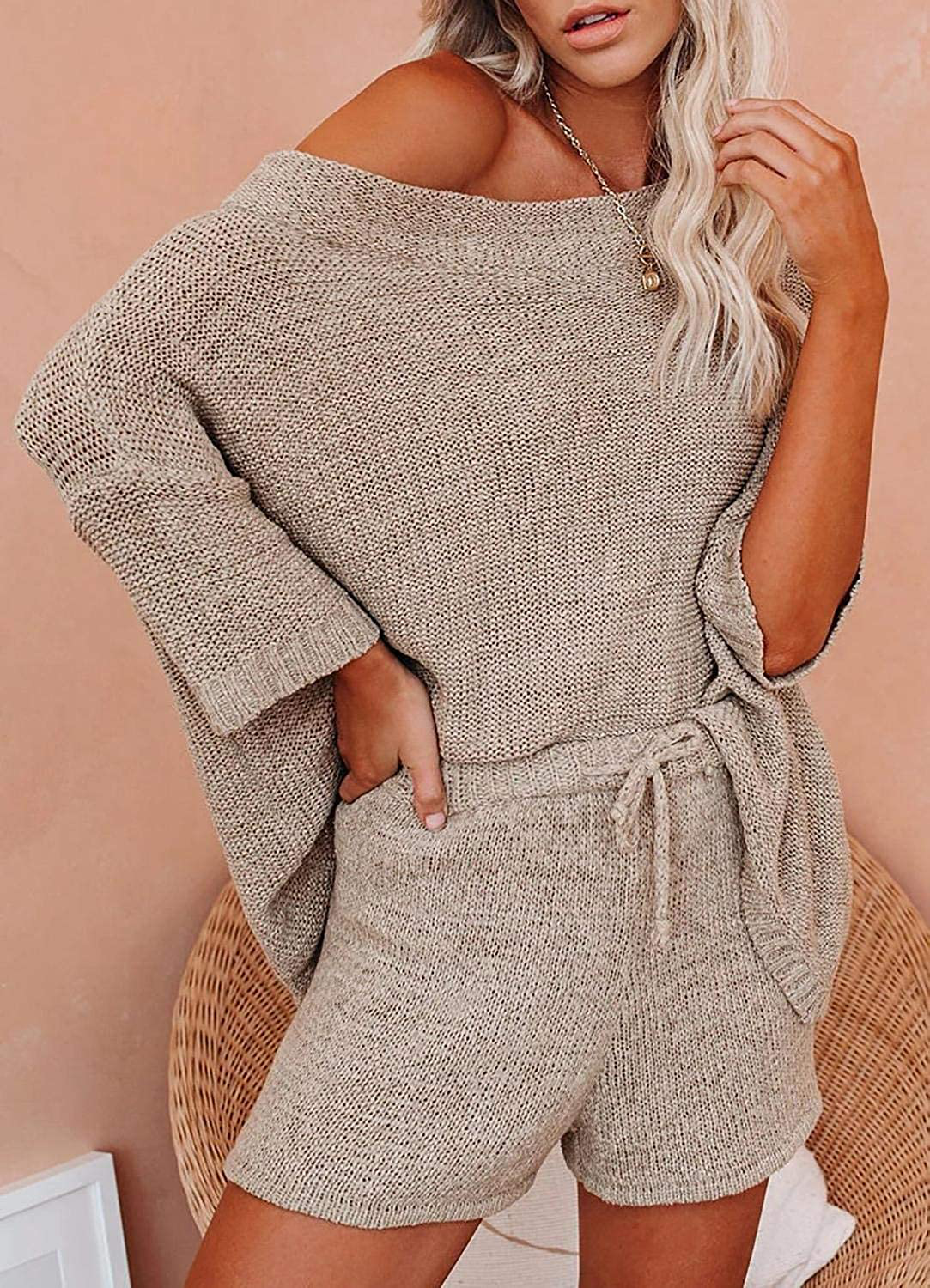 Ermonn Womens 2 Piece Outfits Sweater Sets off Shoulder Knit Tops Waist Short Suits Casual Pajama Set Apparel & Accessories > Clothing > Sleepwear & Loungewear Kylie Max   