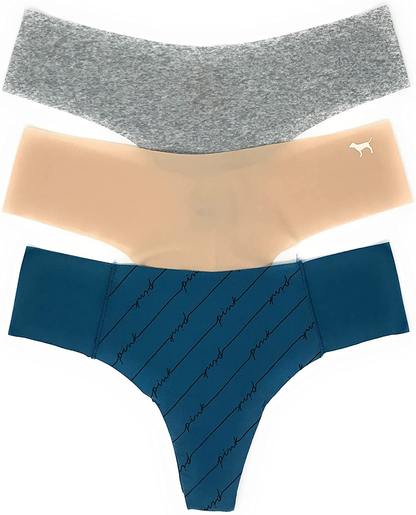 Victoria's Secret PINK Thong Panty Set of 3 Apparel & Accessories > Clothing > Underwear & Socks > Underwear Victoria's Secret No-show Gray Marl / Nude / Teal Linear Script Large 
