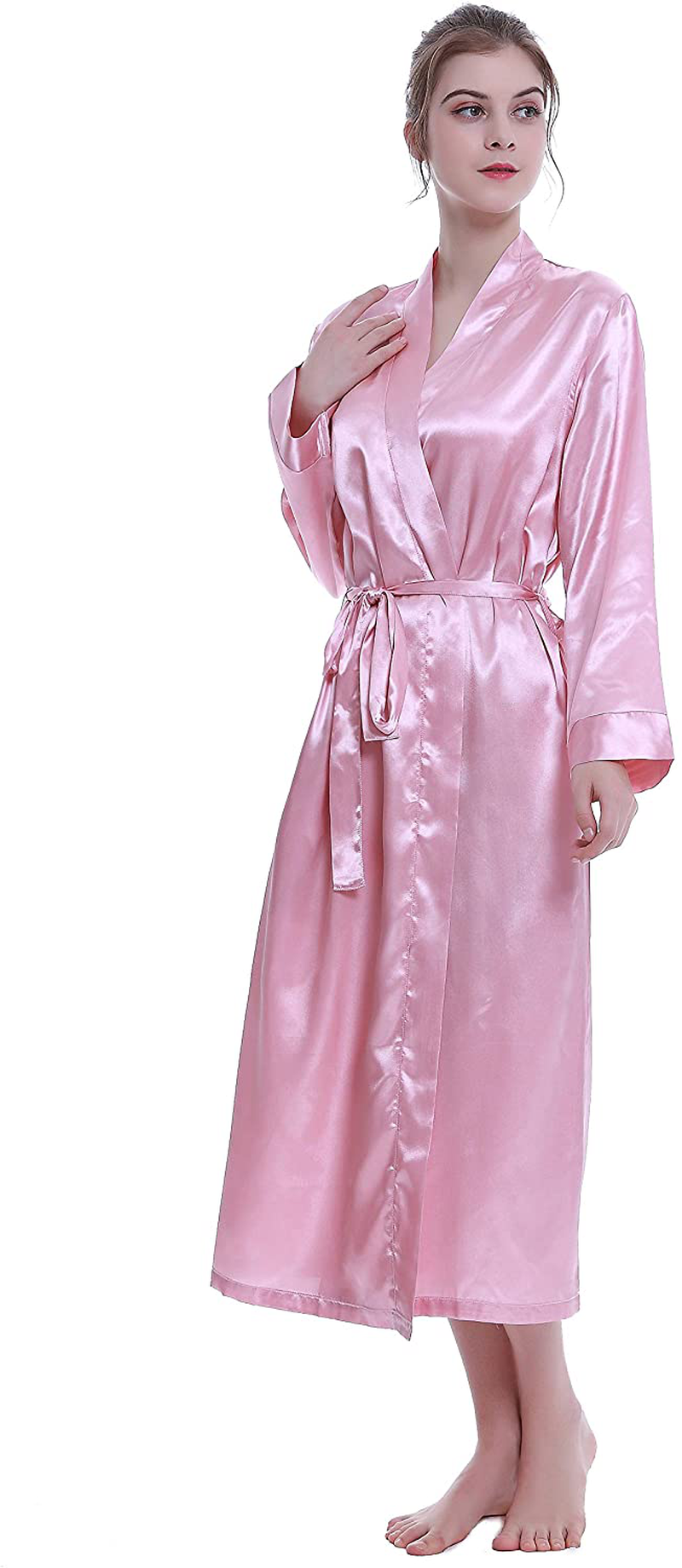 Lavenderi Women'S Long Classic Satin Kimono Lounge Bathrobe Robe Apparel & Accessories > Clothing > Sleepwear & Loungewear > Robes Lavenderi Light Pink Small 