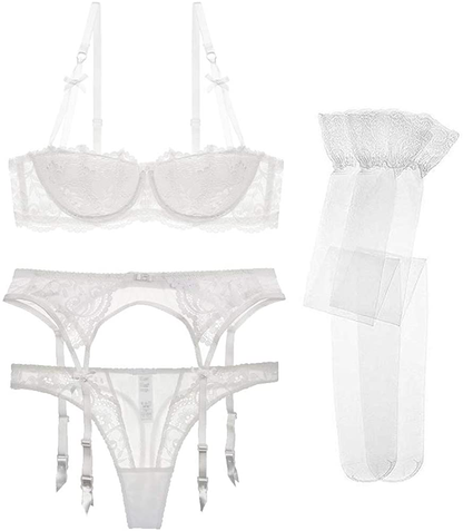 Women Push up Bras Set Lace Lingerie Bra Panties Garter Stocking 4Pcs/Lot Apparel & Accessories > Clothing > Underwear & Socks > Lingerie Varsbaby White Thong 38C 