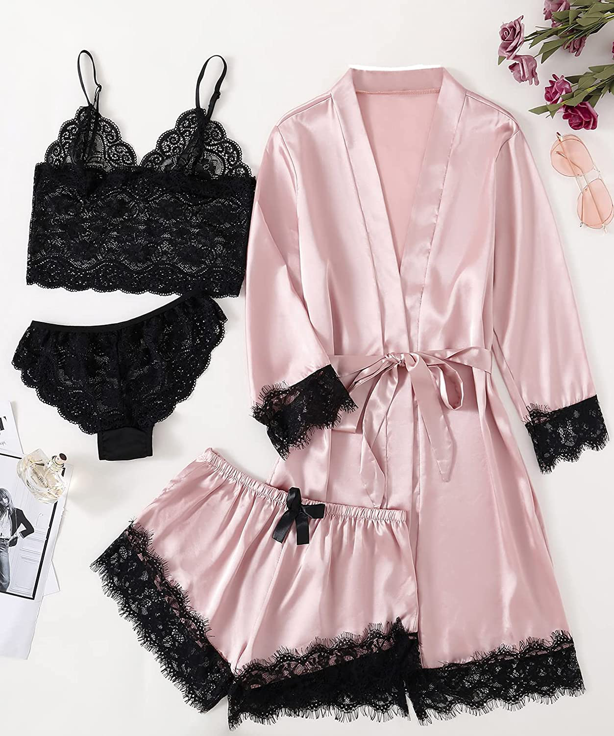 LYANER Women'S 4Pcs Sleepwear Satin Floral Lace Trim Cami Pajama Set with Robe Apparel & Accessories > Clothing > Sleepwear & Loungewear Kylie Max   