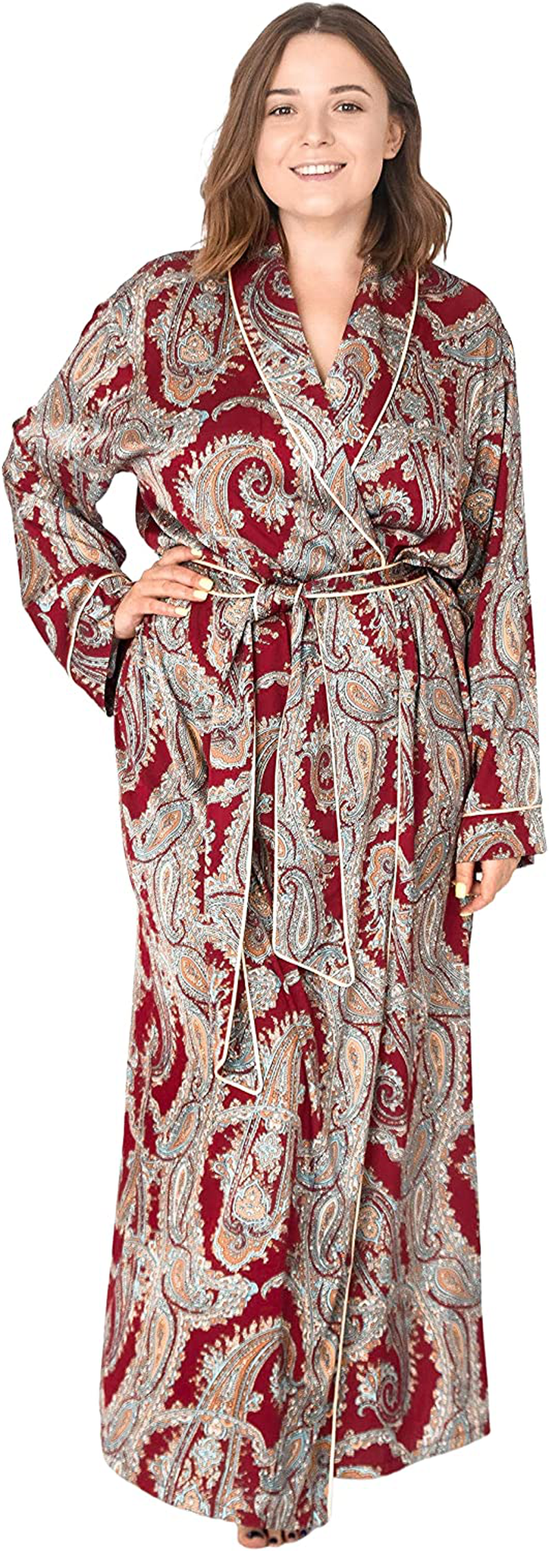 Long Silk Robes for Women - plus Size Satin Robe for Women Sexy Sleepwear Kimono Apparel & Accessories > Clothing > Sleepwear & Loungewear > Robes IDentity LNGR Burgundy Paisley Medium-Large 