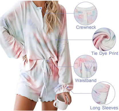 Century Star Women Pajamas Tie Dye Print Long Sleeve Shirt Elastic Drawstring Shorts 2 Piece Set Sleepwear Loungewear Apparel & Accessories > Clothing > Sleepwear & Loungewear > Pajamas Kylie Max   