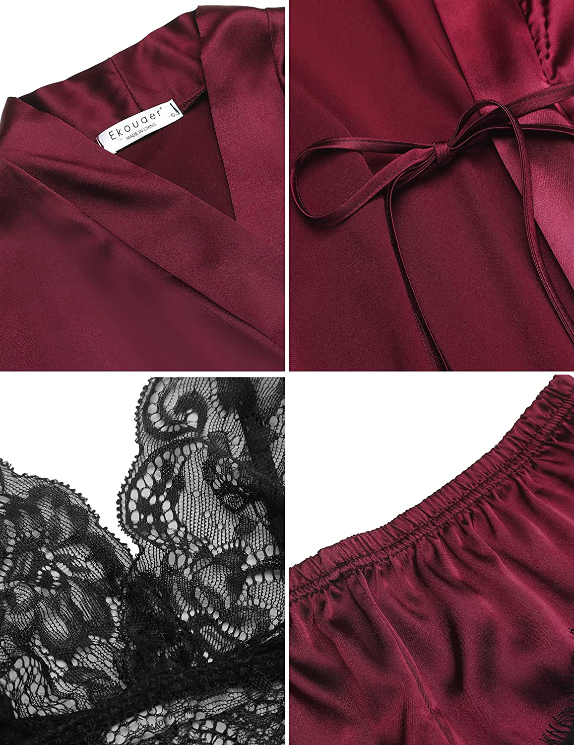 Ekouaer Sleepwear for Women Satin Pajama 3 Piece Lingerie Lace Cami Pj Set Sexy V Neck Robe with 3/4 Sleeve Apparel & Accessories > Clothing > Sleepwear & Loungewear Kylie Max   