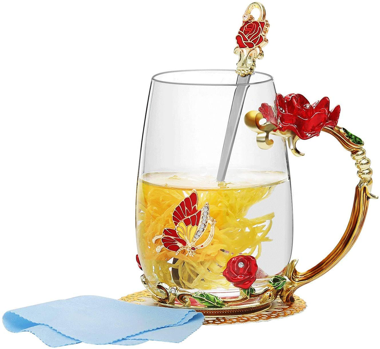 Luka Tech Enamels Butterfly flower Lead-free Glass Coffee Mugs Tea Cup with Steel Spoon, Best Birthday Gifts For Women Wife Mom Friends Mothers Valentines Day Christmas (Purple-Tall) Arts & Entertainment > Party & Celebration > Gift Giving Luka Tech Rose-Tall  