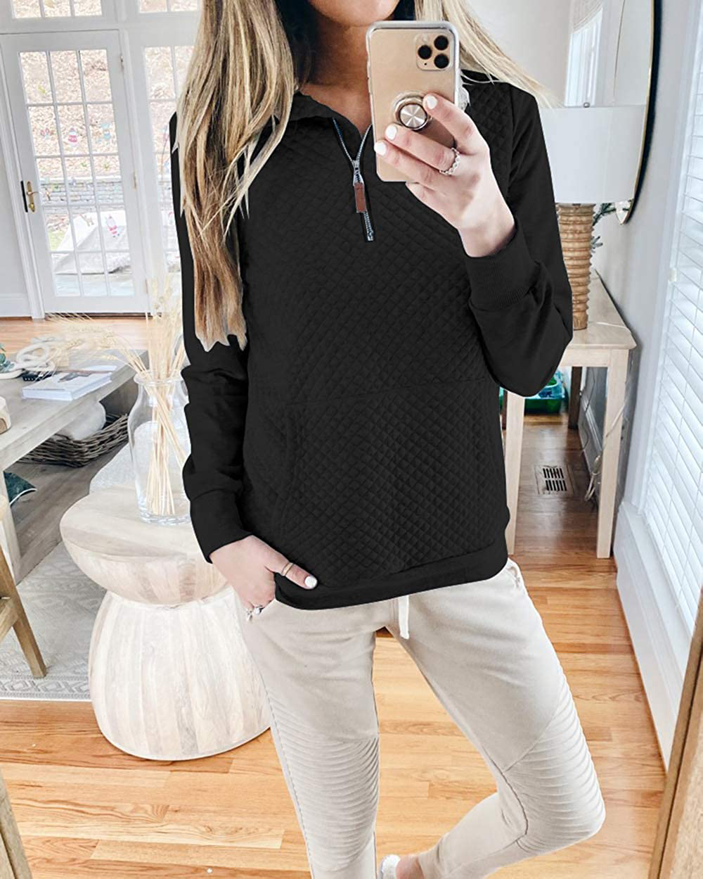 BTFBM Women Fashion Quilted Pattern Lightweight Zipper Long Sleeve Plain Casual Ladies Sweatshirts Pullovers Shirts Tops Apparel & Accessories > Clothing > Activewear Kylie Max   