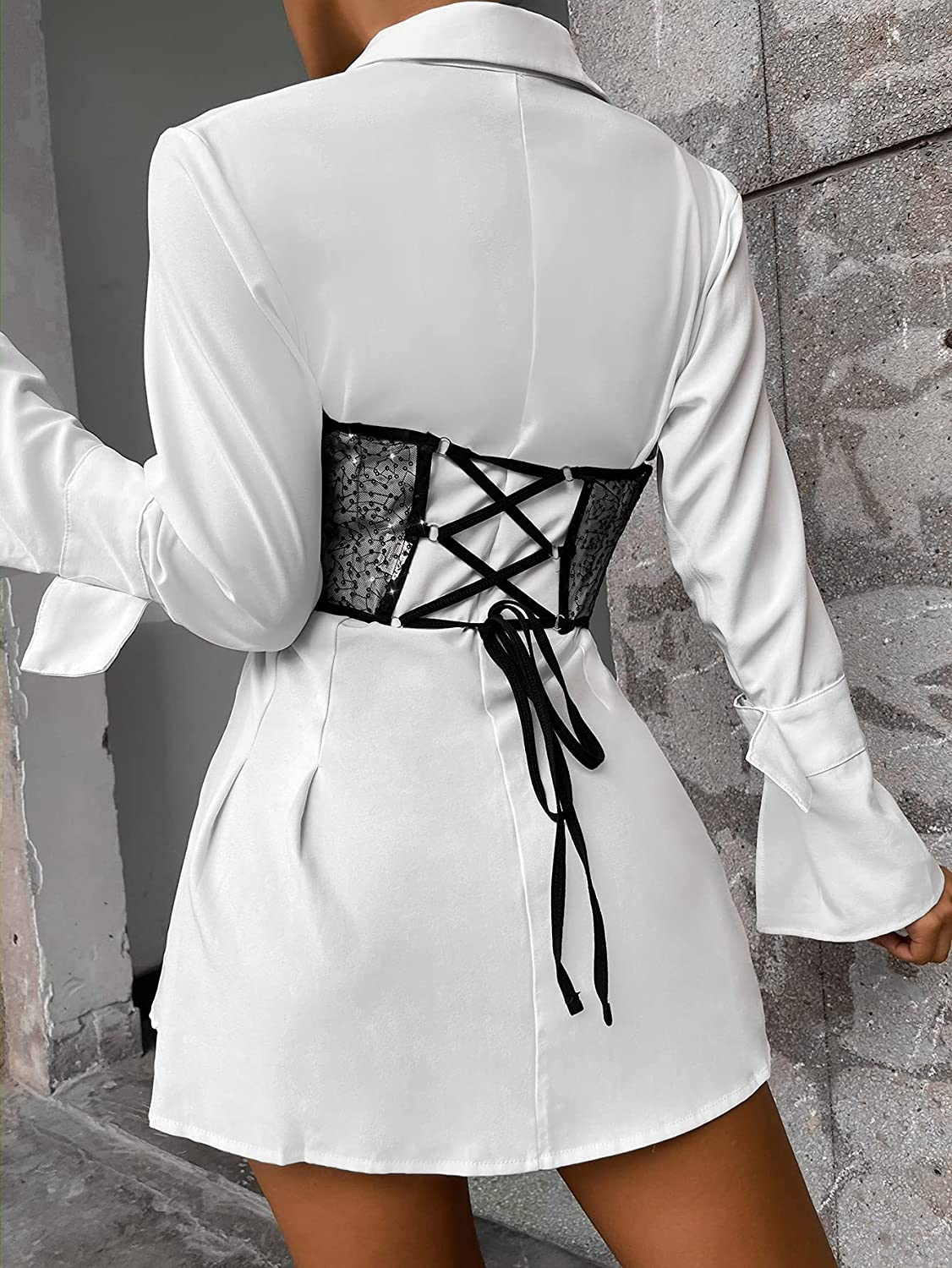 Shein Women'S Sequin Lace up Tie Back Bustier Corset Sheer Mesh Cincher Wide Belt Apparel & Accessories > Clothing > Underwear & Socks > Lingerie SheIn   