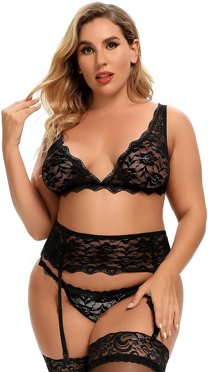 Women plus Size Lingerie 3 Piece Set, Black Floral Lace Bra and High Waist Garter Belt with Thong Apparel & Accessories > Clothing > Underwear & Socks > Lingerie KYLIE MAX   