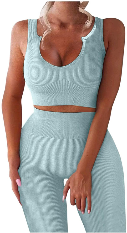 Burband Womens Solid Color 2 Piece Tracksuit High Waist Leggings Sport Bra Yoga Seamless Texture Bodysuit Workout Outfits Apparel & Accessories > Clothing > Underwear & Socks > Shapewear Burband Blue Small 