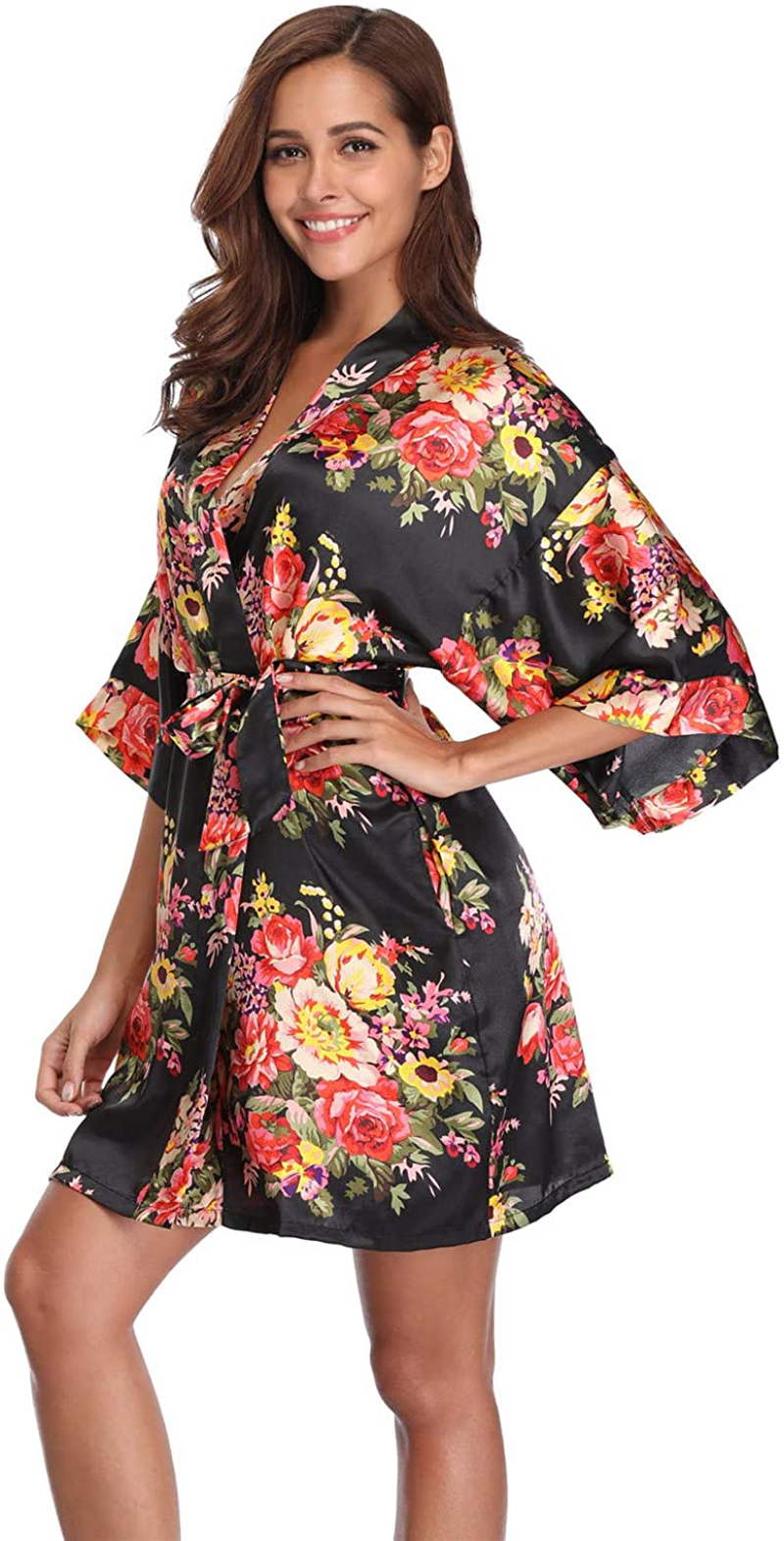 Women'S Floral Satin Kimono Robes Short Bridesmaid Robes for Wedding Party Apparel & Accessories > Clothing > Sleepwear & Loungewear > Robes Super Shopping-zone Black With Pockets Small 