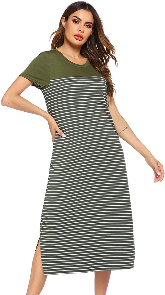 Hotouch Nightshirts Womens Nightgowns Raglan Striped Short Sleeve Sleepwear Comfy Sleepshirt S-XXL Apparel & Accessories > Clothing > Sleepwear & Loungewear > Nightgowns Kylie Max   