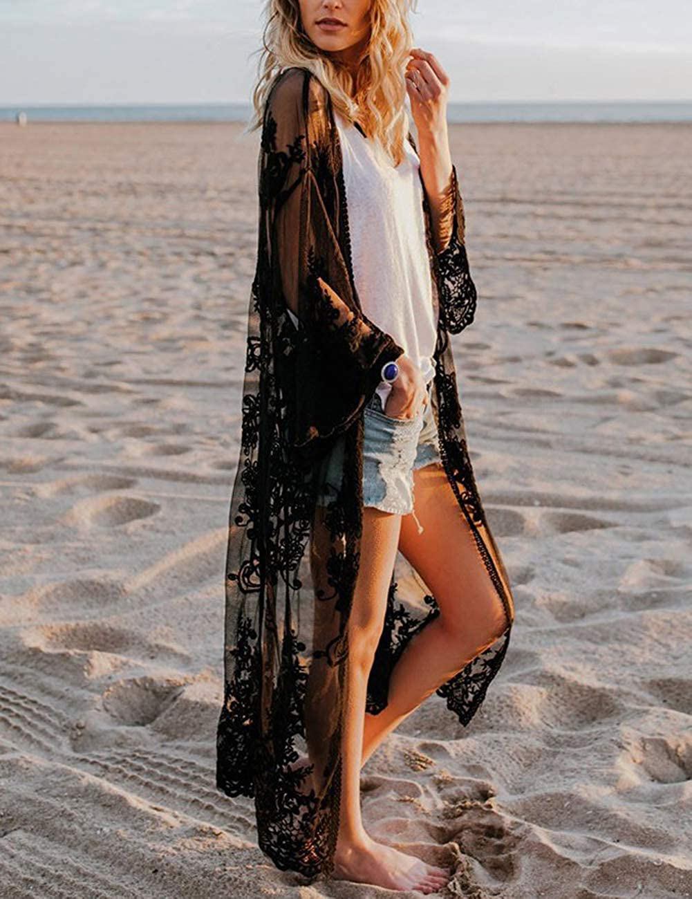 Bsubseach Women Sexy Lace Crochet Open Front Swimsuit Beach Long Kimono Cover Ups Apparel & Accessories > Clothing > Swimwear Kylie Max   