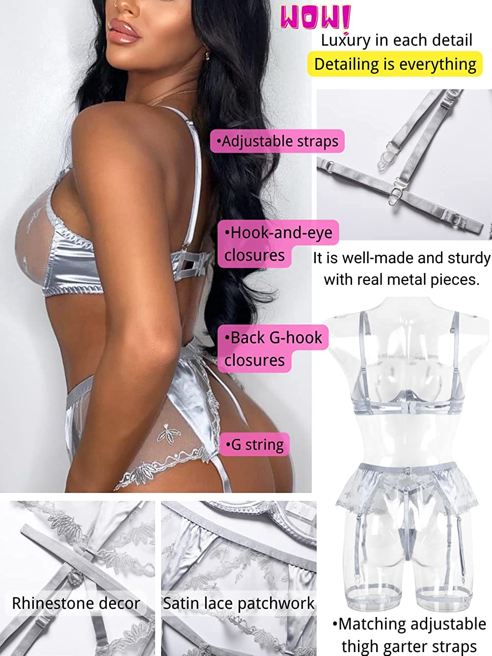 Kaei&Shi Satin Patchwork,Embroidered Underwire Tube Bra,G-String,4 Piece Garter Lingerie Apparel & Accessories > Clothing > Underwear & Socks > Lingerie Kaei&Shi   