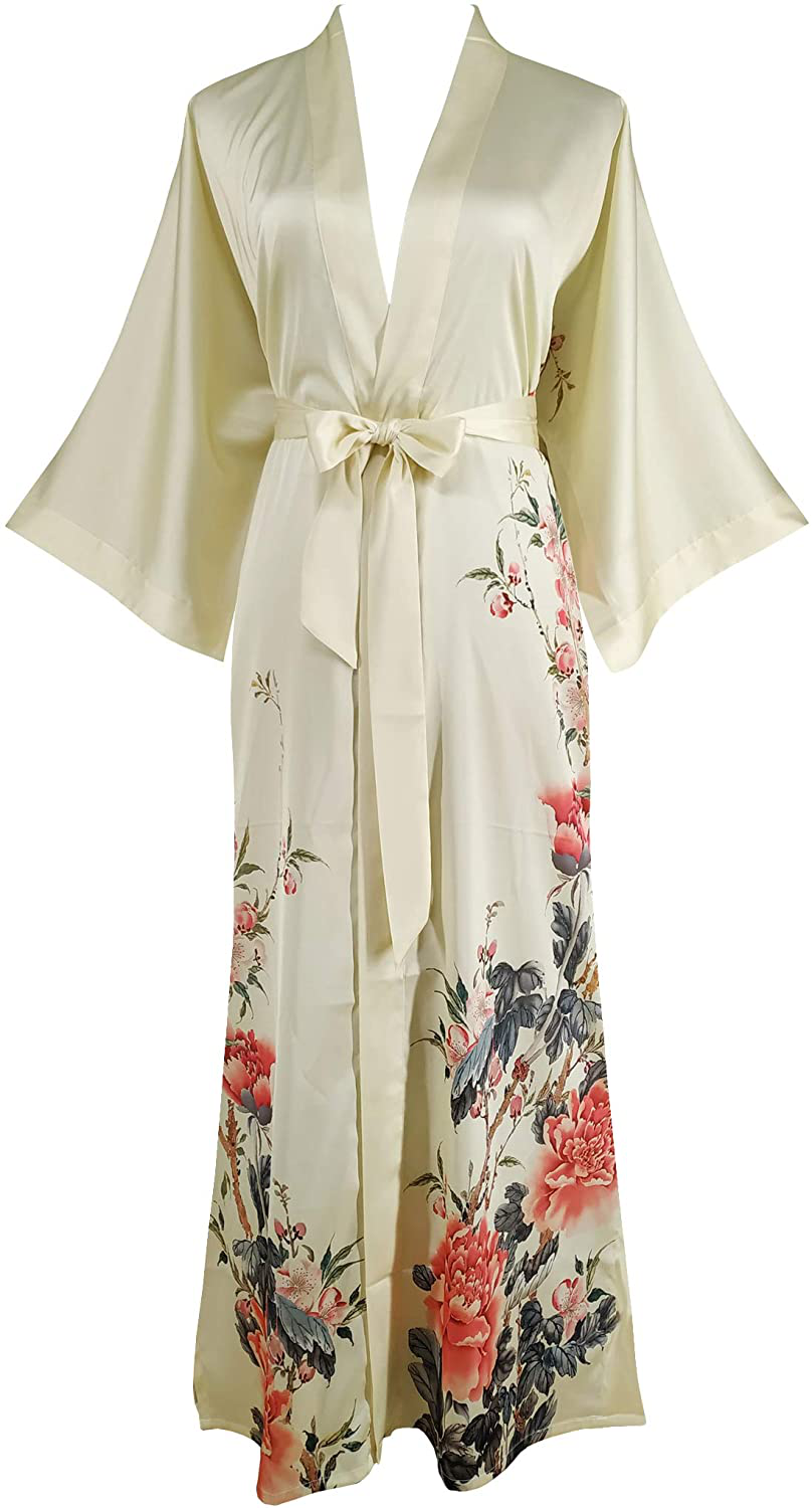 Ledamon Women'S Kimono Robe Long - Classic Pocket Floral Bathrobe Nightgown Apparel & Accessories > Clothing > Sleepwear & Loungewear > Robes Ledamon Light Yellow  