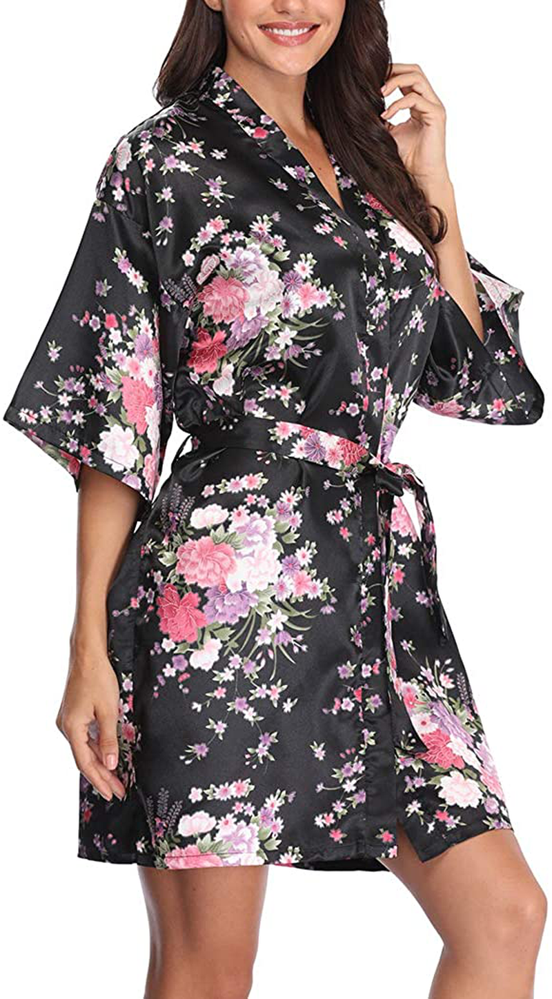 VOGMATE Women'S Floral Satin Short Robe for Bridesmaid Bride Silk Kimono Robe Dressing Gown for Wedding Party Apparel & Accessories > Clothing > Sleepwear & Loungewear > Robes VOGMATE Floral-black Large 