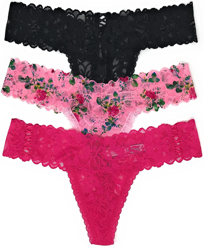 Victoria's Secret The Lacie Thong Panty Set of 3 Apparel & Accessories > Clothing > Underwear & Socks > Underwear Victoria's Secret Black Cross / Pink Floral / Hot Pink Cross X-Large 