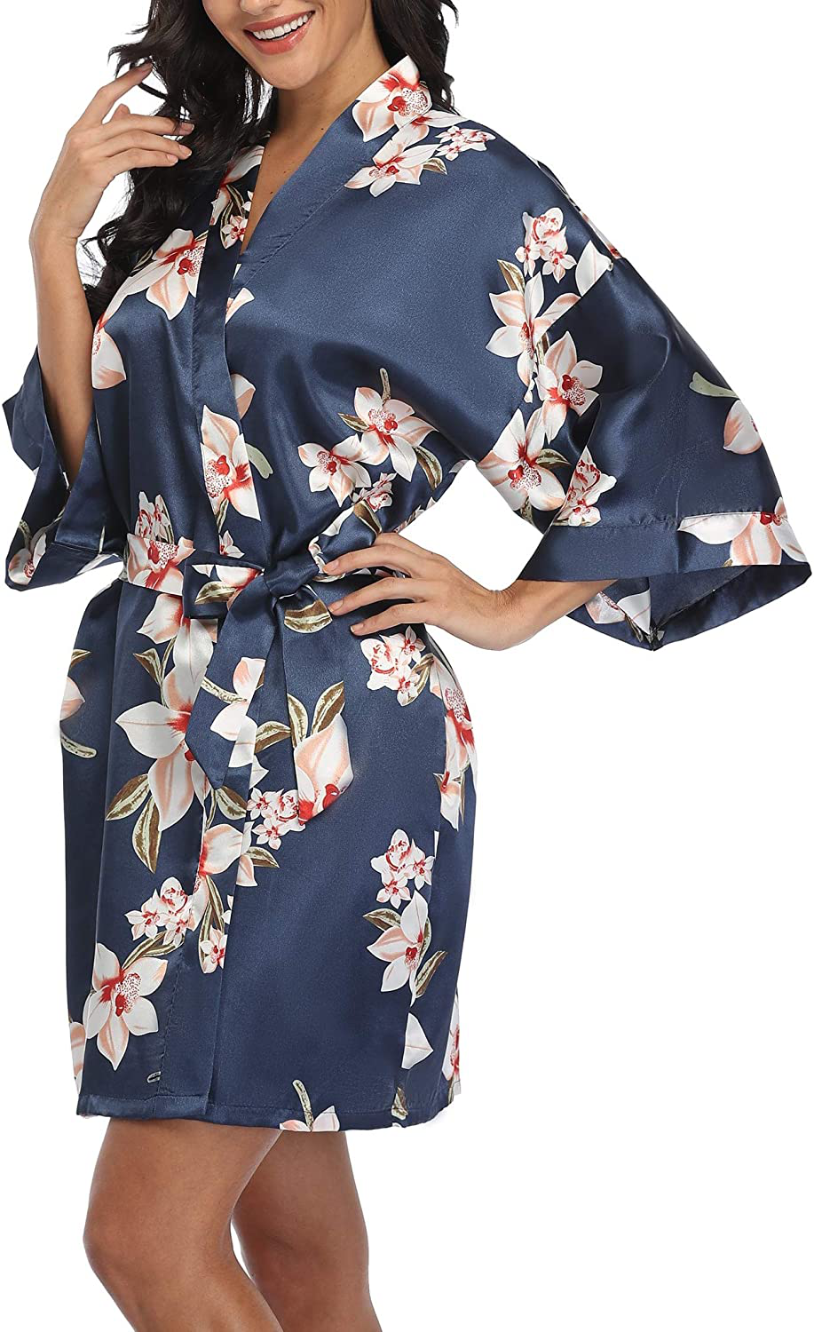 VOGMATE Women'S Floral Satin Short Robe for Bridesmaid Bride Silk Kimono Robe Dressing Gown for Wedding Party Apparel & Accessories > Clothing > Sleepwear & Loungewear > Robes VOGMATE Floral-#76 Navy Large 